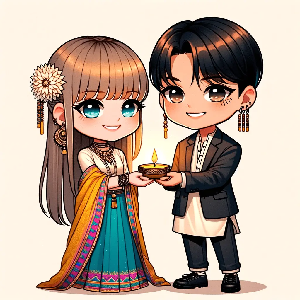 DALL·E 2023-11-02 20.52.13 - A chibi-style illustration of a female K-Pop idol inspired by Lisa from BLACKPINK and a male K-Pop idol inspired by Jungkook from BTS, standing close (1)