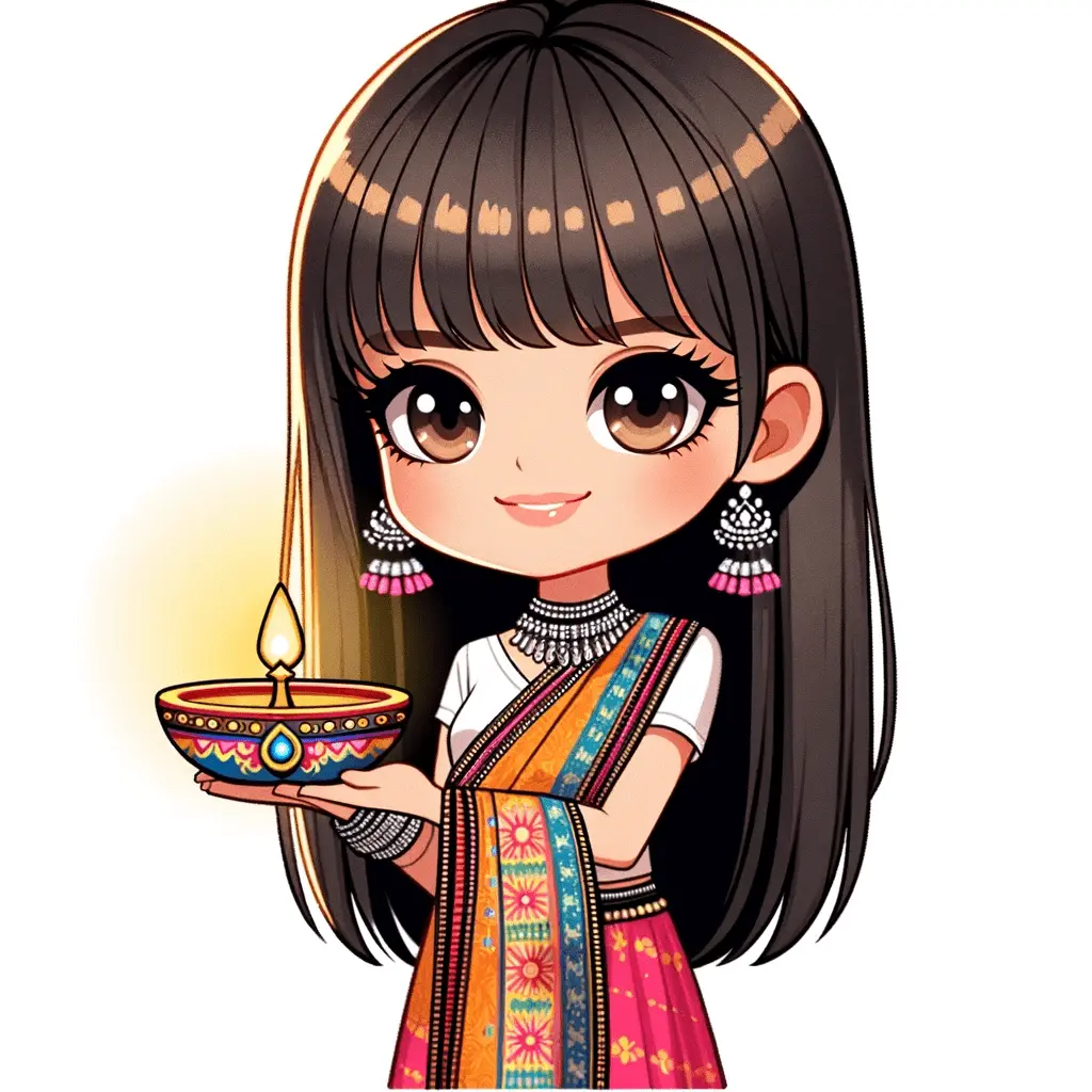 DALL·E 2023-11-02 20.58.00 - A chibi illustration of a female K-Pop idol designed to look like Lisa from BLACKPINK with shorter hair, holding a diya. She is adorned in a stylish, (1)