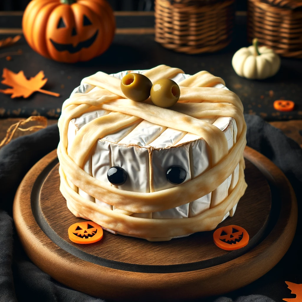 Photo of a delicious Halloween themed dish on a dark wooden table. The dish is a wheel of brie cheese wrapped in thin strips of puff pastry resembling