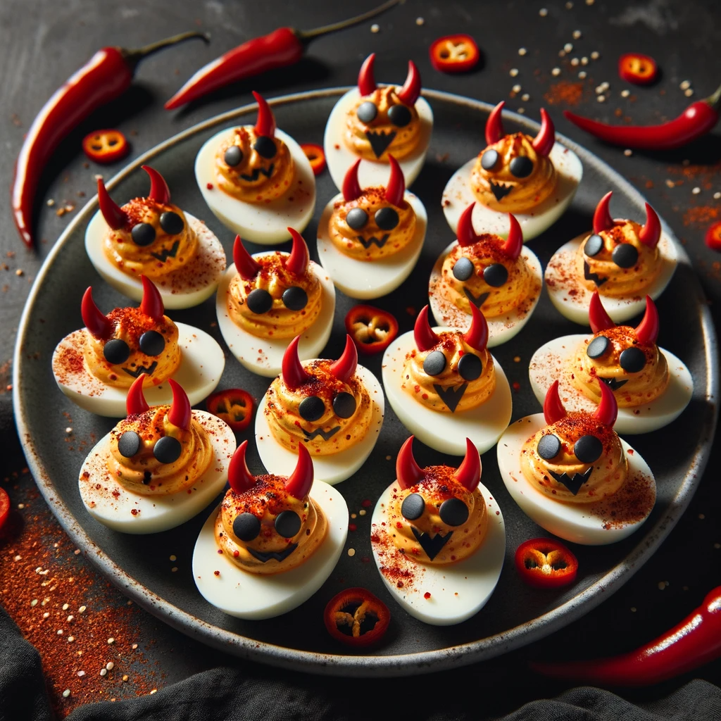Photo of a plate filled with devilish deviled eggs for Halloween. The eggs are halved and filled with a spicy red yolk mixture. Some are garnished wit