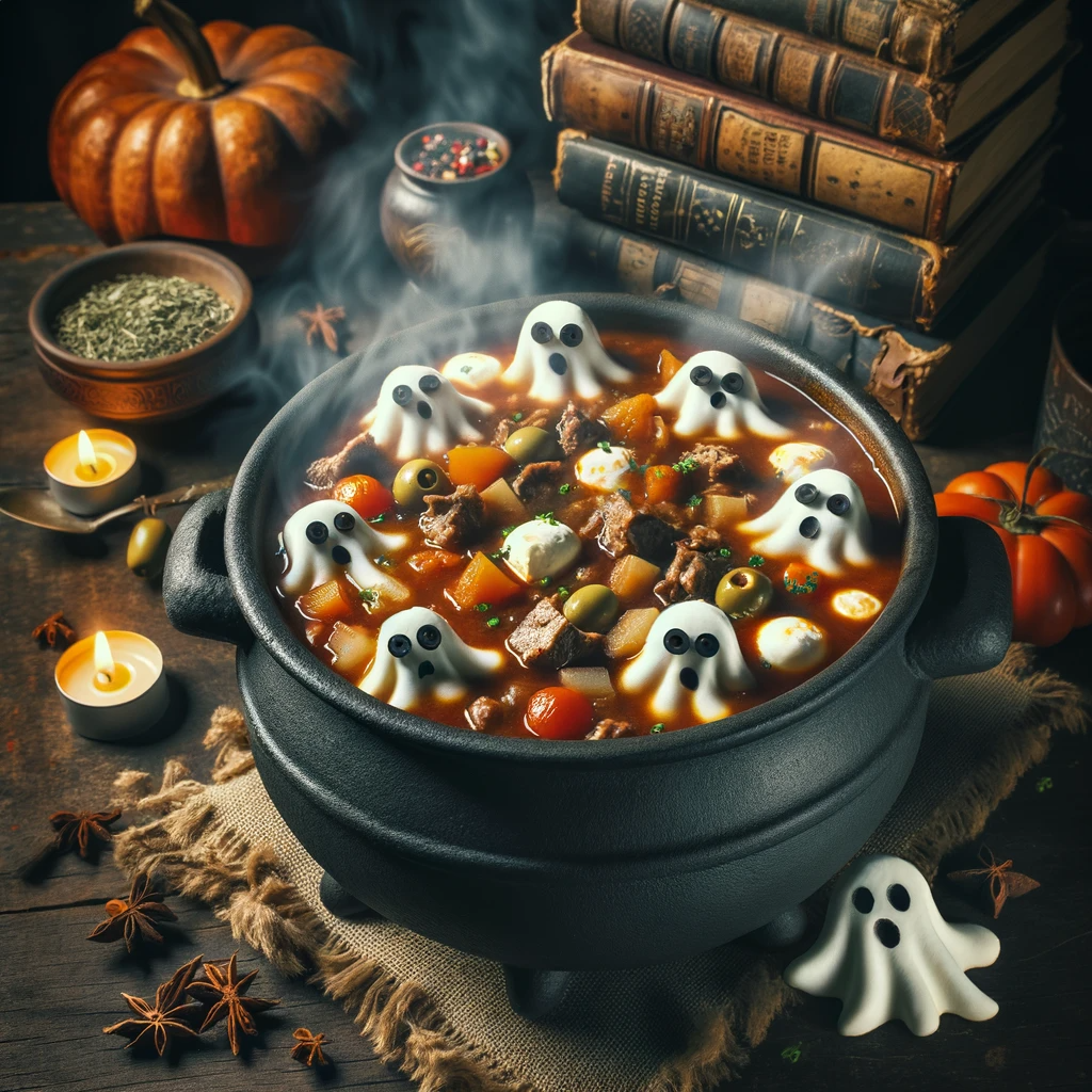 Photo of a rustic cauldron filled with Ghoulish Goulash, a Halloween-themed stew. The goulash is rich and thick with chunks of meat, vegetables, and s