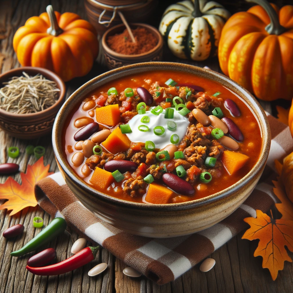 Photo of a warm and hearty bowl of Pumpkin Patch Chili set on a rustic wooden table. The chili is rich with beans, ground meat, tomatoes, and pumpkin