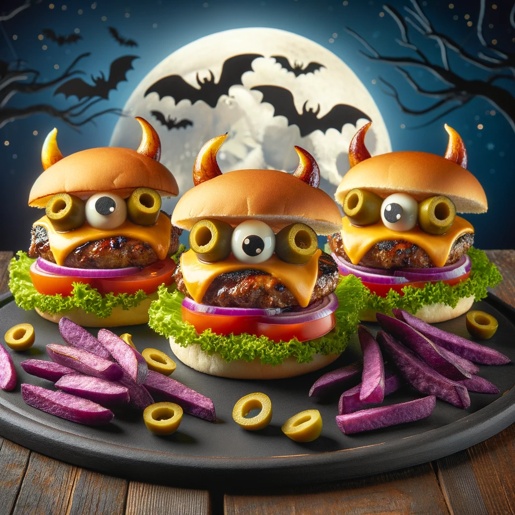 Photo of a platter presenting Monster Mash Burgers, perfect for Halloween. The burgers are juicy and grilled to perfection, topped with melted cheese