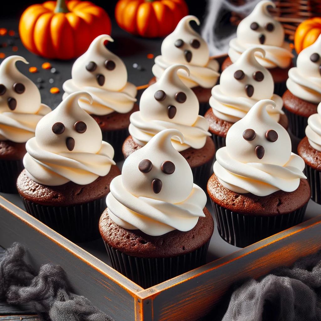 Photo of a tray filled with Ghostly Cupcakes perfect for a Halloween treat. The cupcakes have a rich chocolate base, and they are topped with a swirl