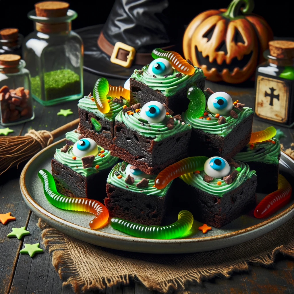 Photo of a plate stacked with Witch's Brew Brownies, ideal for a Halloween dessert. The brownies are dark and fudgy, with swirls of green mint frostin