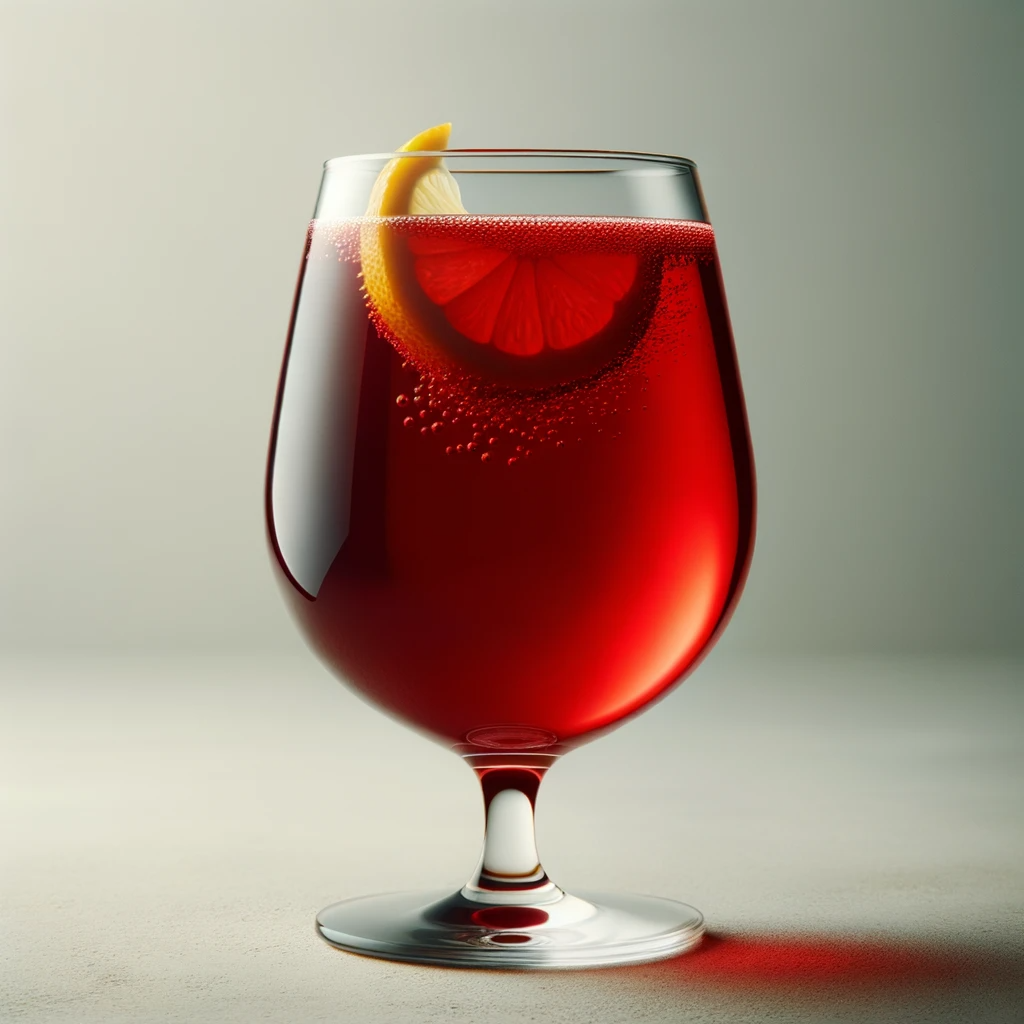 Photo of a wine glass filled with a vibrant red punch juice. The glass is set against a neutral background, allowing the deep red hue of the punch to