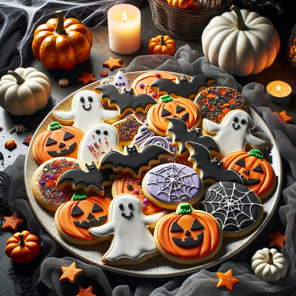 Photo of a plate filled with Spooky Sugar Cookies, perfect for Halloween celebrations. The cookies are of various shapes like ghosts, bats, pumpkins,