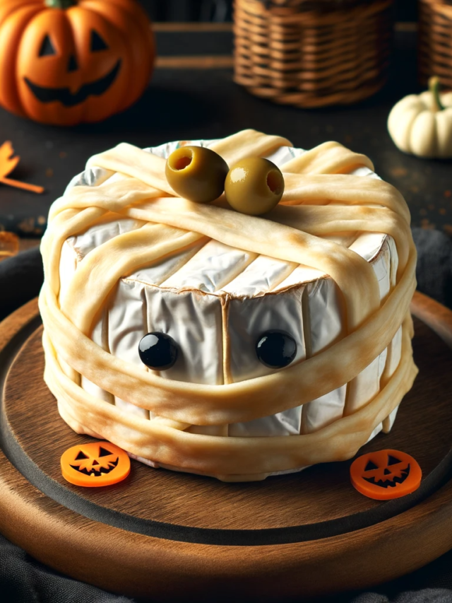 Photo of a delicious Halloween themed dish on a dark wooden table. The dish is a wheel of brie cheese wrapped in thin strips of puff pastry resembling