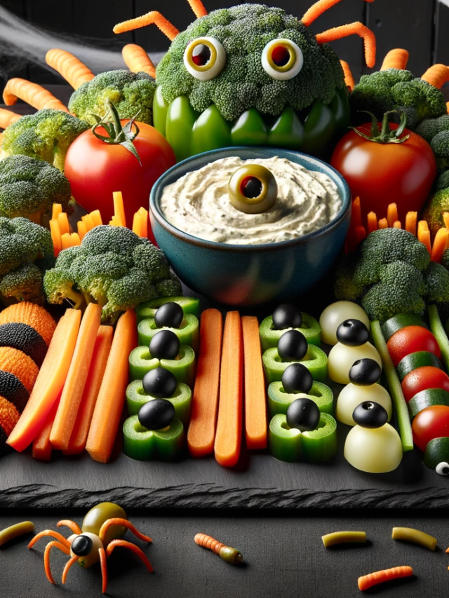 Photo of a Halloween-themed appetizer spread on a dark slate platter. The spread consists of various fresh vegetables like broccoli, cherry tomatoes,