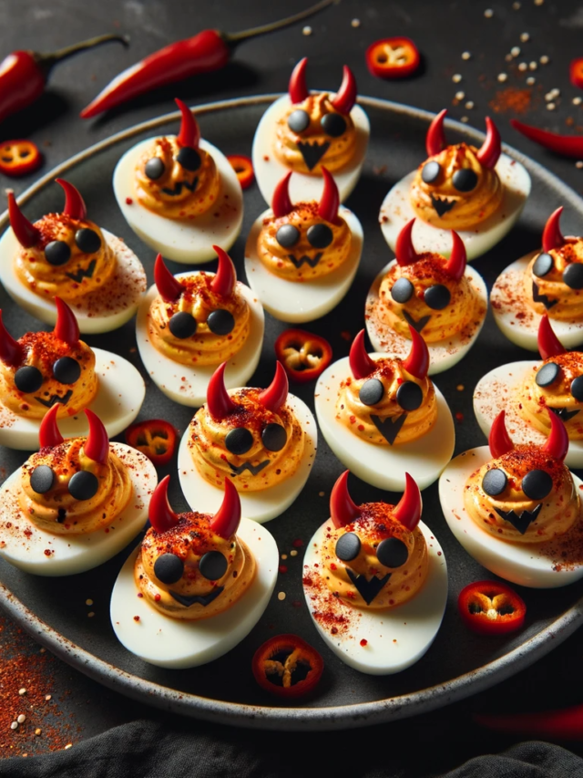 Photo of a plate filled with devilish deviled eggs for Halloween. The eggs are halved and filled with a spicy red yolk mixture. Some are garnished wit