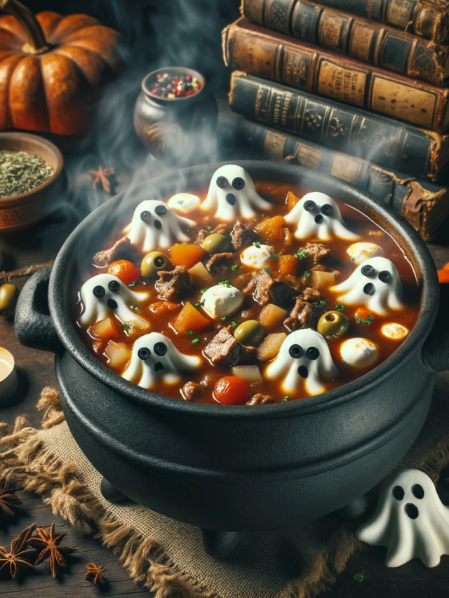 Photo of a rustic cauldron filled with Ghoulish Goulash, a Halloween-themed stew. The goulash is rich and thick with chunks of meat, vegetables, and s