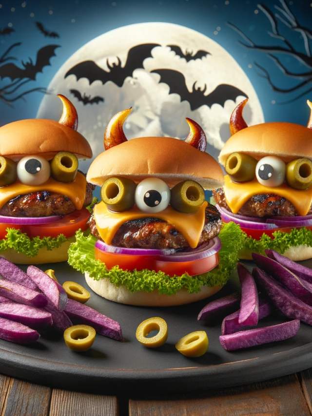 Photo of a platter presenting Monster Mash Burgers, perfect for Halloween. The burgers are juicy and grilled to perfection, topped with melted cheese