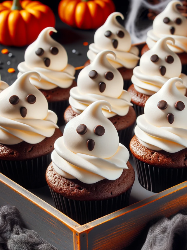 Photo of a tray filled with Ghostly Cupcakes perfect for a Halloween treat. The cupcakes have a rich chocolate base, and they are topped with a swirl