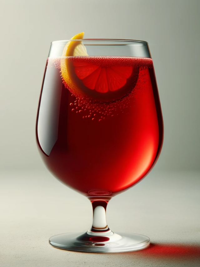 Photo of a wine glass filled with a vibrant red punch juice. The glass is set against a neutral background, allowing the deep red hue of the punch to