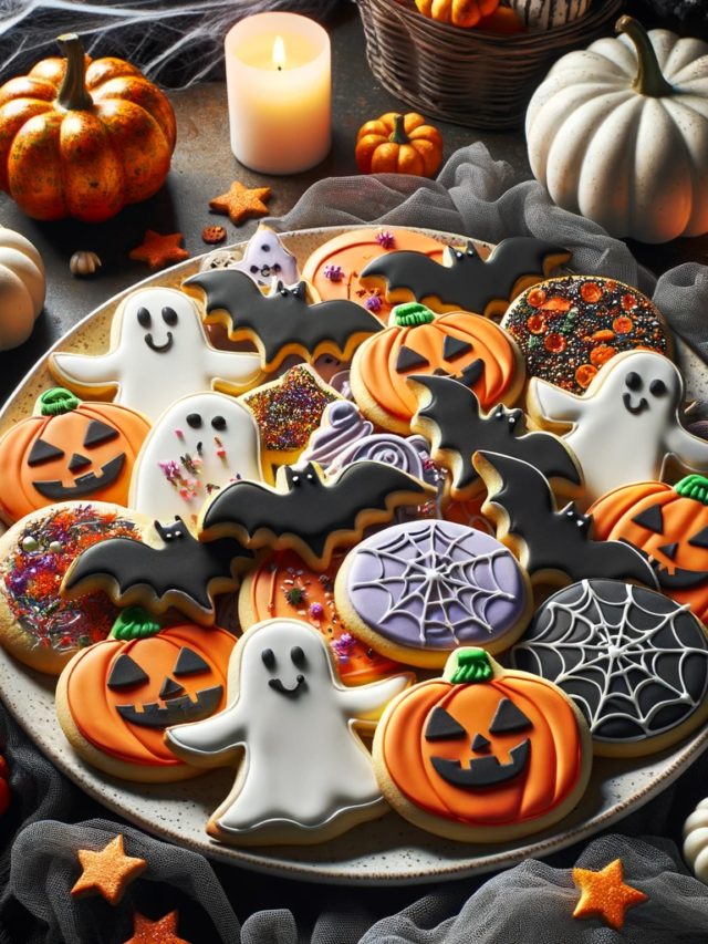 Photo of a plate filled with Spooky Sugar Cookies, perfect for Halloween celebrations. The cookies are of various shapes like ghosts, bats, pumpkins,